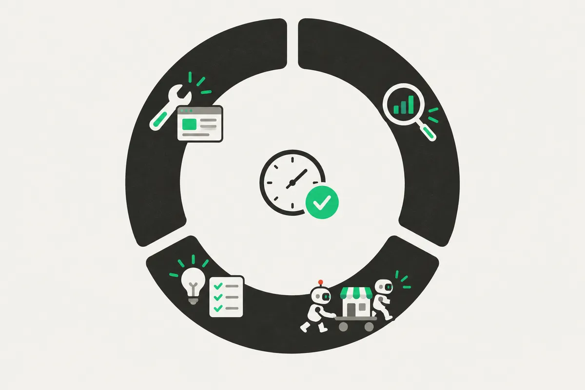 An illustration of a loop in three parts: a wrench and a browser window, a magnifying glass over a chart, and a lightbulb with a checklist, with two robots pushing a small shop around it