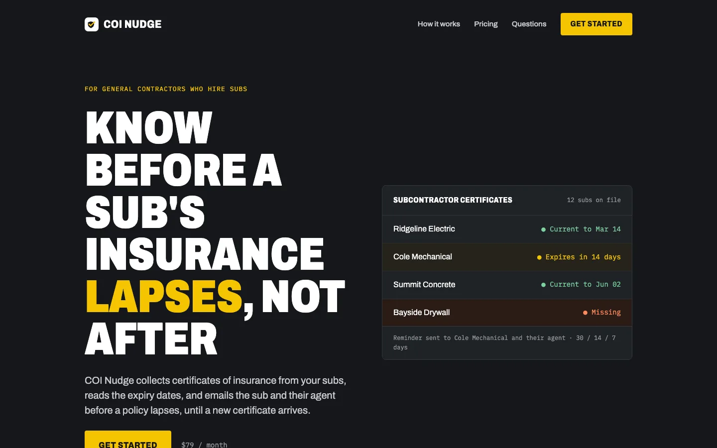 The landing page of COI Nudge, a factory business: a dark page with the headline "Know before a sub's insurance lapses, not after" and a list of subcontractor certificates with their status