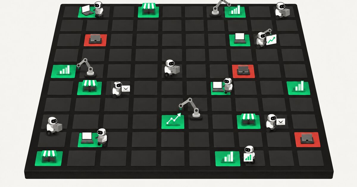 An illustration of a factory floor of workstations: a few glow green as running businesses, a few are red and switched off, and small robots carry work between them