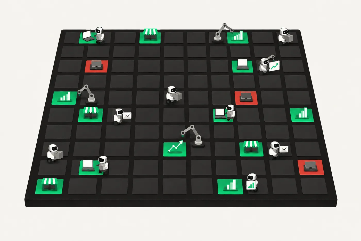 An illustration of a factory floor of workstations: a few glow green as running businesses, a few are red and switched off, and small robots carry work between them